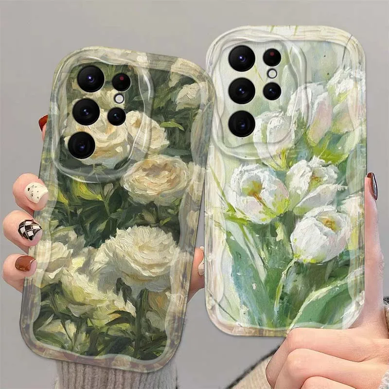 

Oil paint flower retro green Phone Case For Samsung S25 S24 S23 S22 S21 S20 A04 A05s A05 A06 Ultra Plus FE 5G Wave Oil