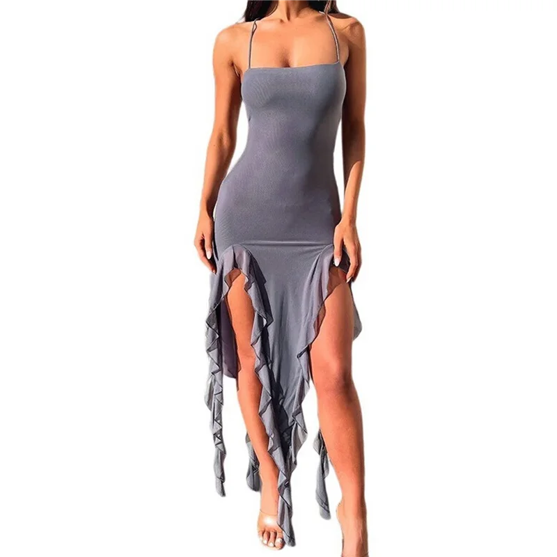 Frauen Sommer Elegante Liebsten Rohr Midi Bodycon Kleider Unregelmäßige Rüschen Quaste Party Kleid-A55G