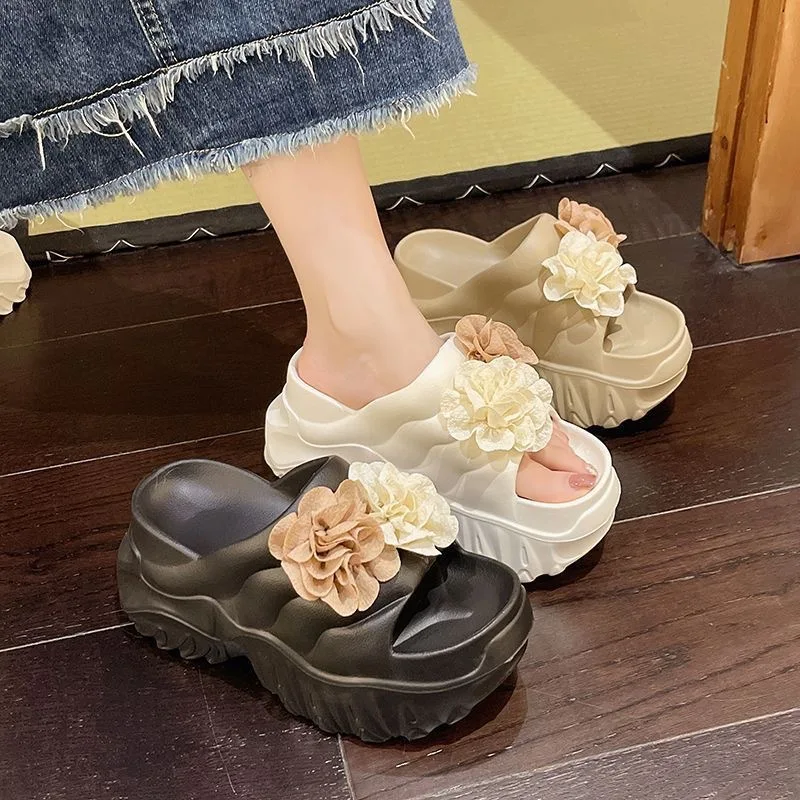 Super high heel beach flip-flops women's outer wear summer new fashion muffin bottom thick bottom sandals flower slippers