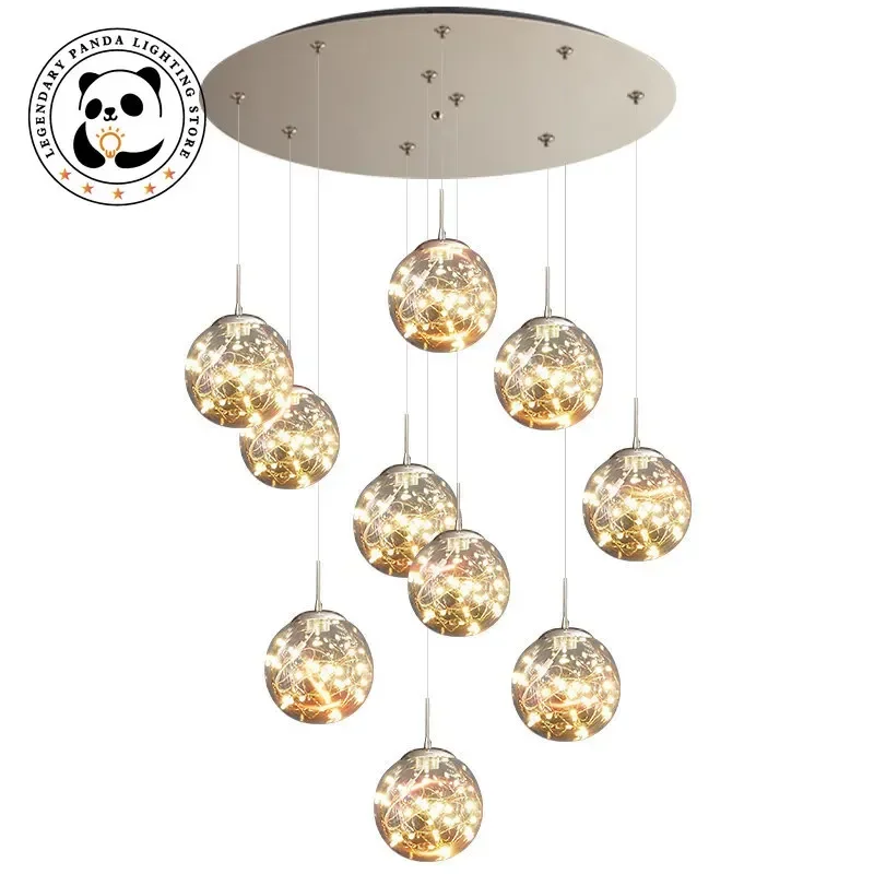 Nordic Modern Pendant Light Round Glass Lampshade Ceiling Chandelier Parlor Staircase LOFT Apartment Villa Art Decor LED Fixture