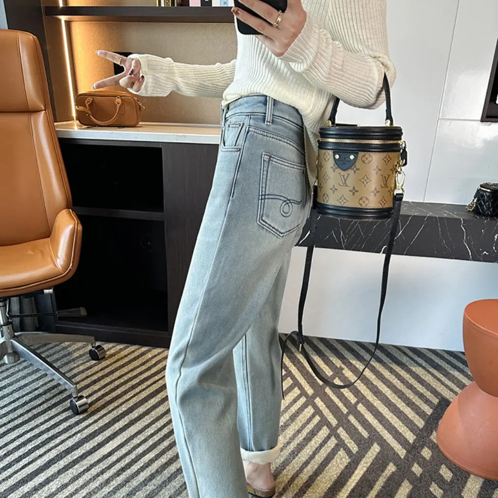 

Джинсы Harlan грушевидной формы, толстые флисовые легкие зимние повседневные широкие брюки для бабушки, свободный крой в Евангелиевом стиле F111225