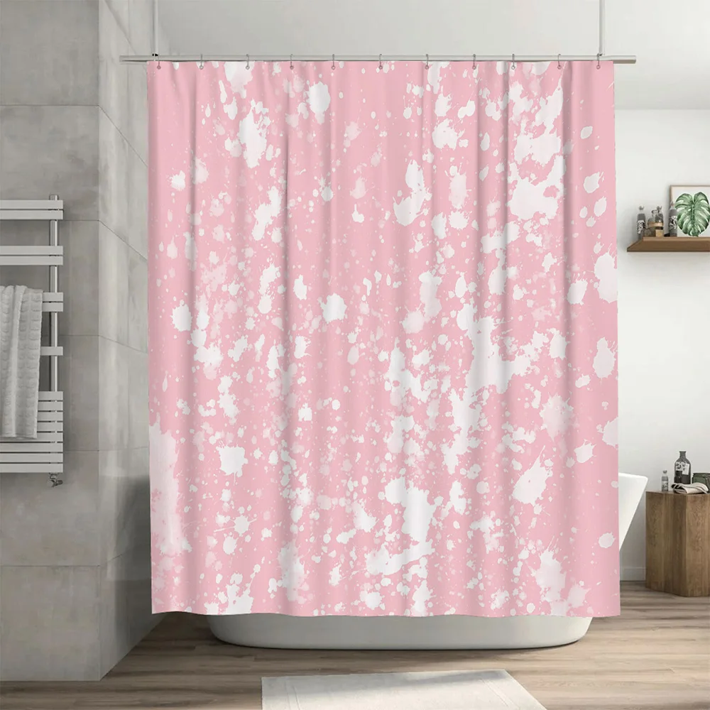 White Splatter Print Pink Shower Curtain for Bathroom Decoration Modern Style Waterproof Bath Liner with Metal Rings
