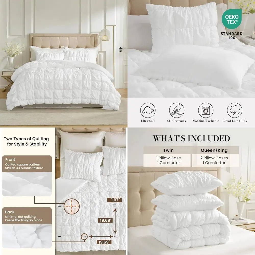 

Queen Size Bubble Weight White Comforter Set for All Seasons, 3-Piece Bedding Ensemble with Comfort