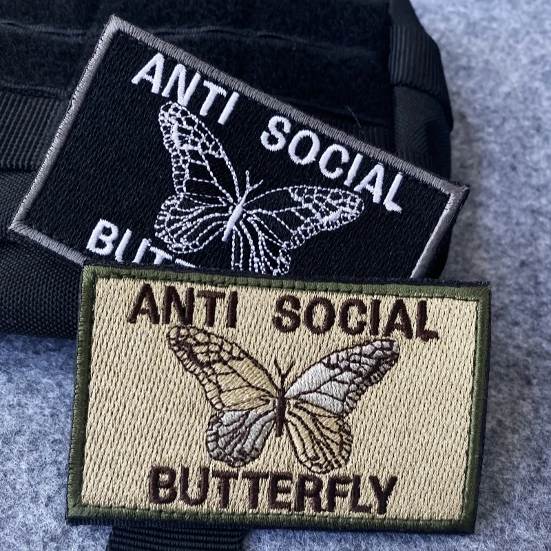 Anti-Social Butterfly Tactical Patches Embroidered Backpack Accessories Sticker Butterfly Military Patch Hook&Loop Morale Badge