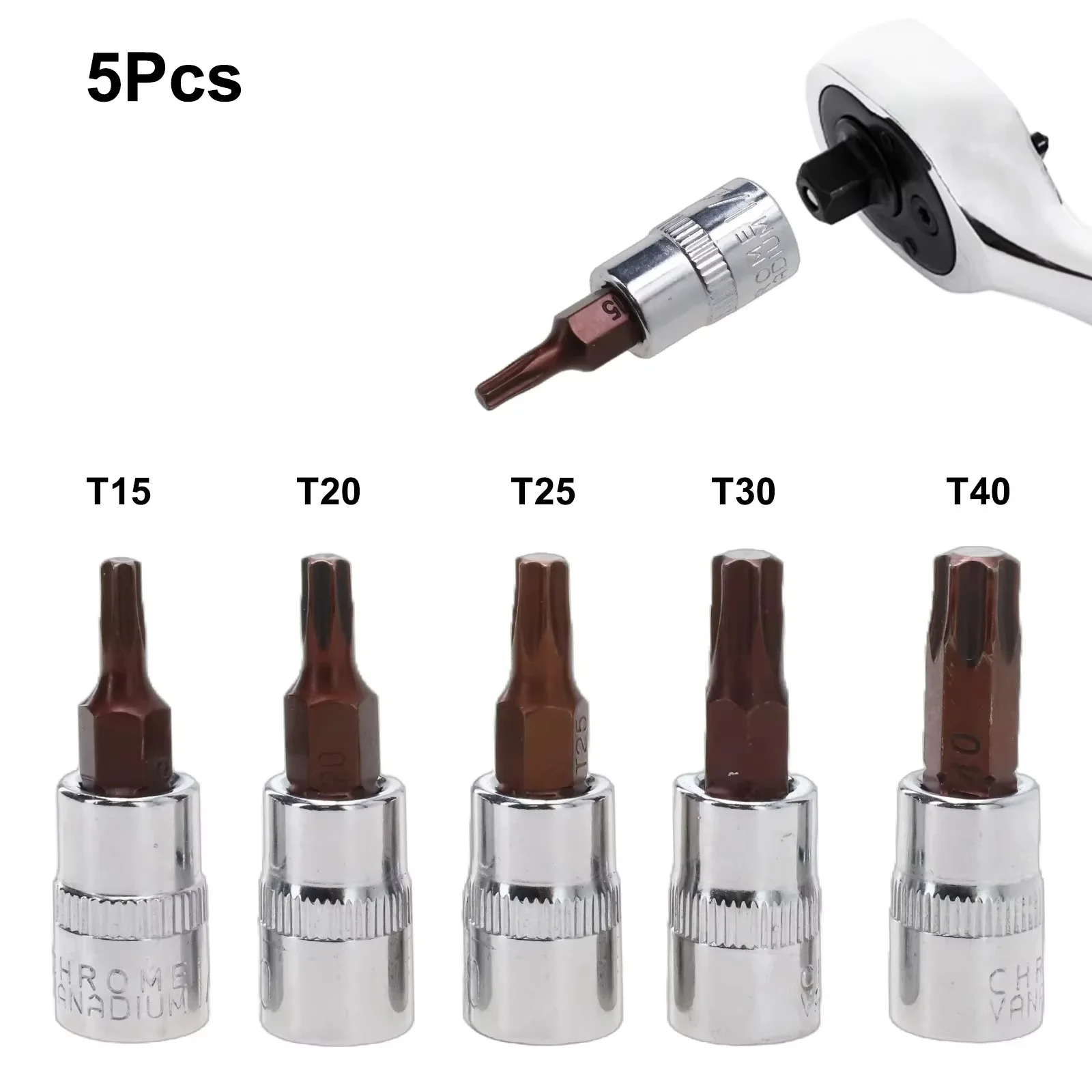 Conjunto de Ferramentas Manuais Rafford com 5 Pontas Torx para Chave de Soquete de 1/4 de Polegada: T15, T20, T25, T30, T40