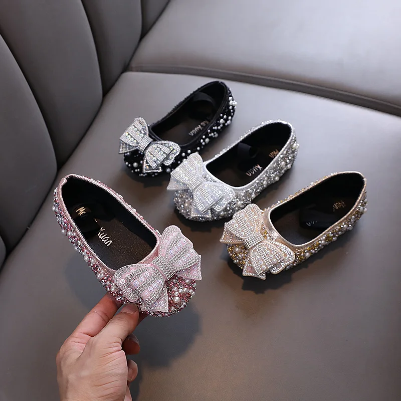 AINYFU New Kids Pearl Party Shoes Baby Girl Leather Shoes Children Rhinestone Bow Princess Shoes Breathable Wedding Shoes J315