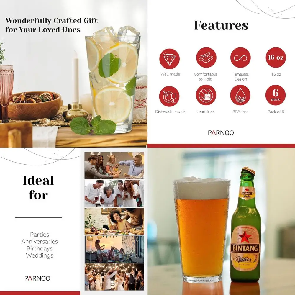 

Set of 6 - 16 oz Pint Glasses for Hot & Cold Drinks - Ideal for Home, Pubs - Dishwasher & Freezer Safe Highball Glasses by PARNO