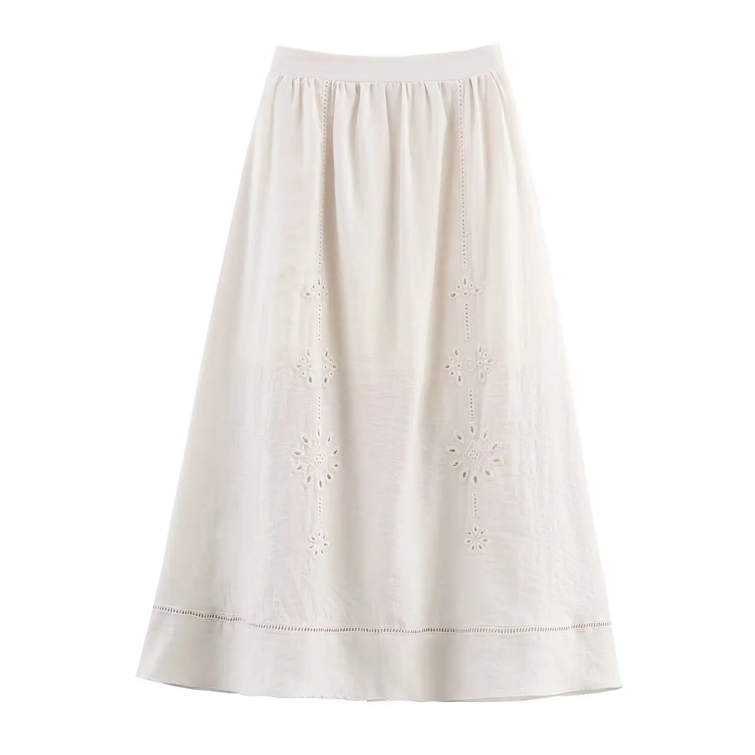 Maxdutti Minimalist Cotton Flower Embroidered Skirt French Elegant Beige High Waist Big Swing Midi Skirt Women