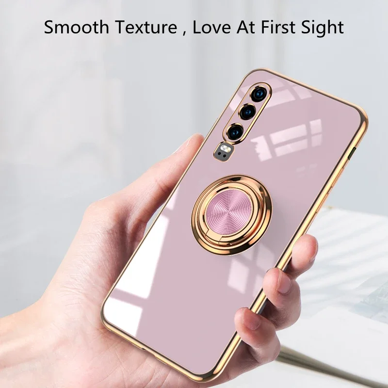 Luxury Plating Silicone Case For Huawei P40 P30 P20 Mate Honor 40 30 20 V30 Nova 8 7 6 Pro Plus Lite SE Ring Holder Stand Cover