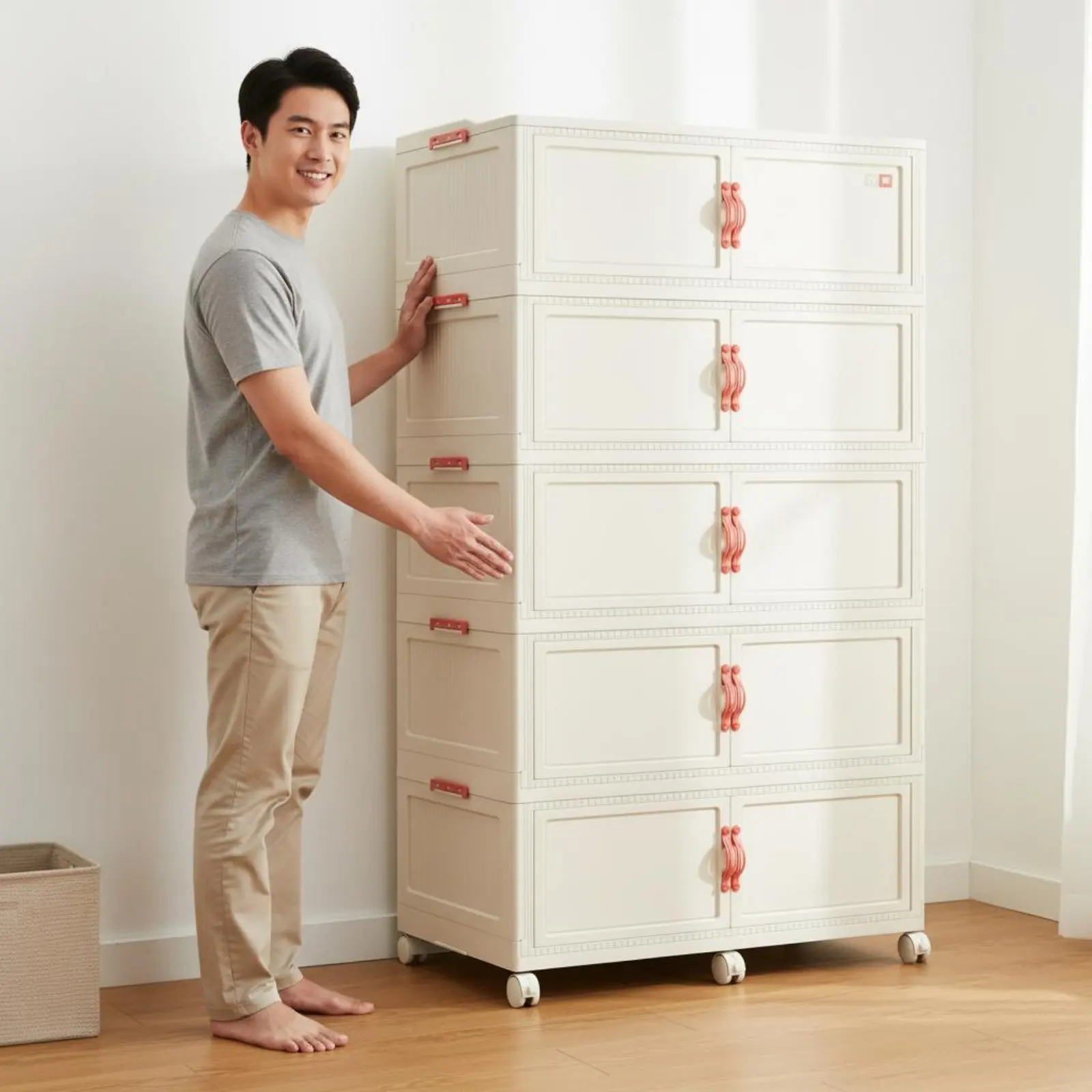 

Plastic Wardrobe on Wheels Installation-No-Assembly Stackable Organizer with Doors Foldable Storage Cabinet Sturdy Duty
