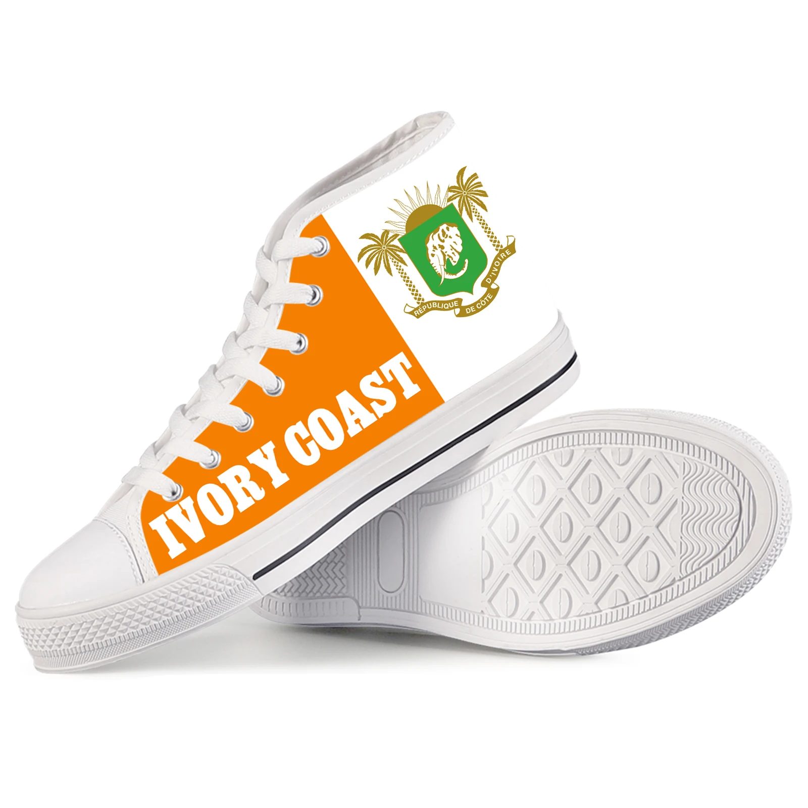 ELVISWORDS White Lace-up Classic Women\'s Vulcanized Shoes Ivory Coast Flag Casual Canvas Shoes Youth Outdoor Sports Shoes Flats