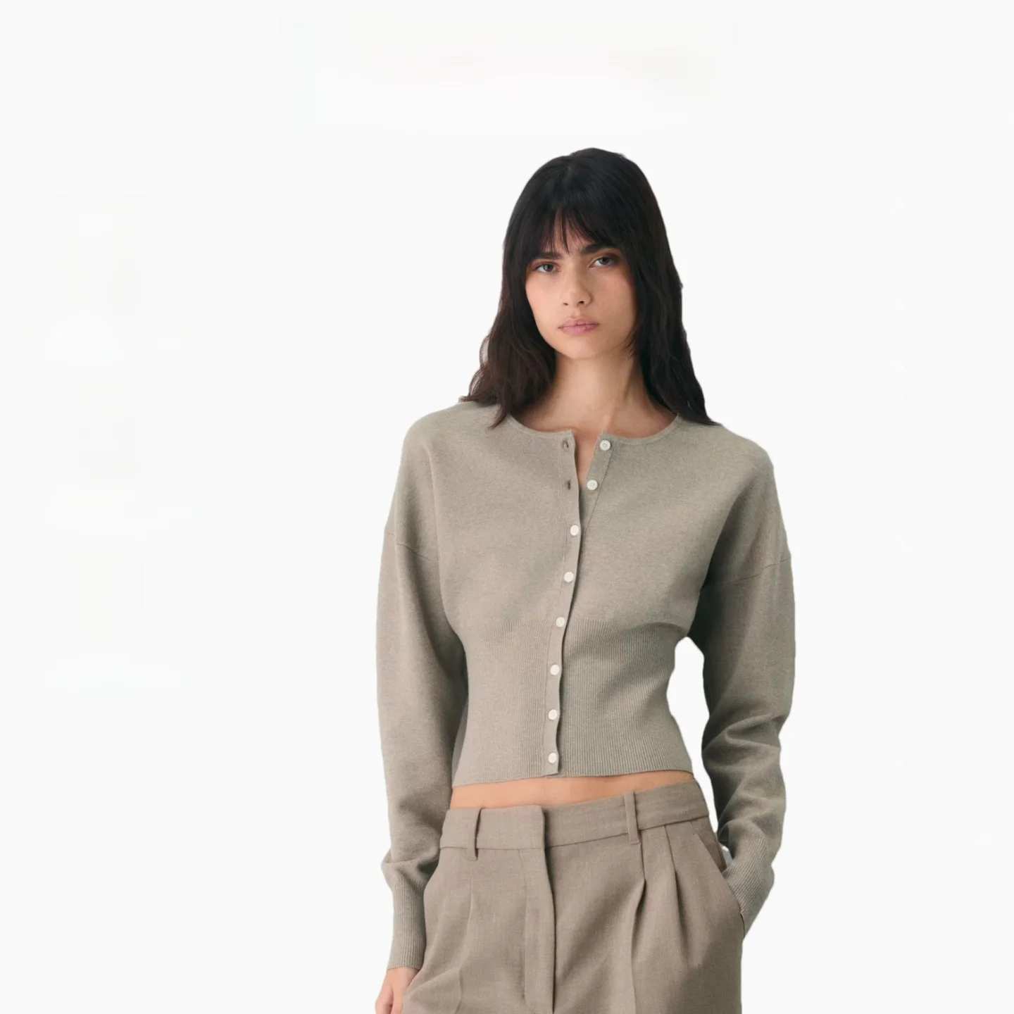 

Aritzia Wilfred женский приталенный вязаный кардиган с круглым вырезом на талии и открытой передней частью, длинная повседневная одежда све Fine Gauge