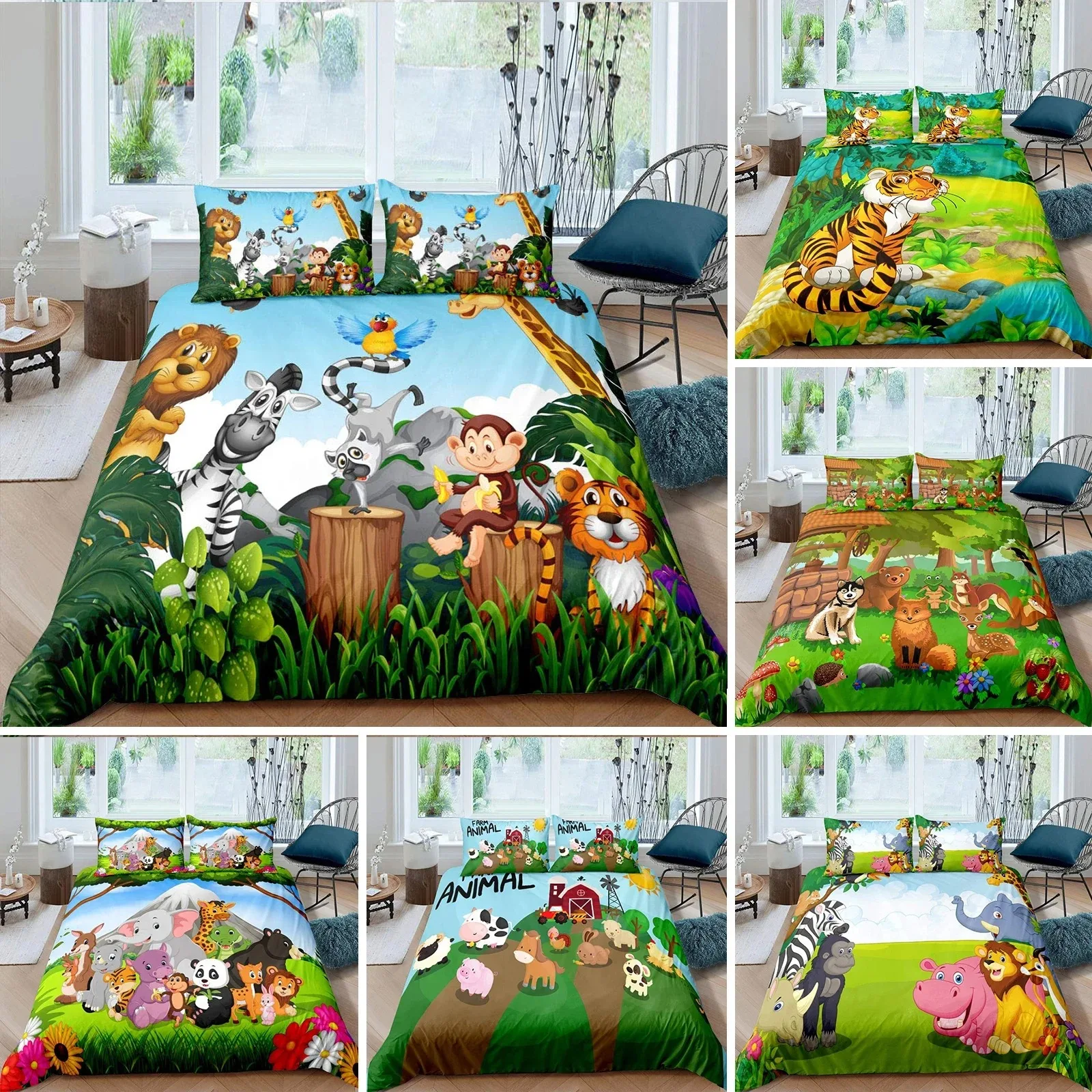 

Cartoon Animals Duvet Cover Set King Size Savannah Tropical Forest Jungle Wildlife Bedding Set Kids Zoo Polyester Quilt Cover