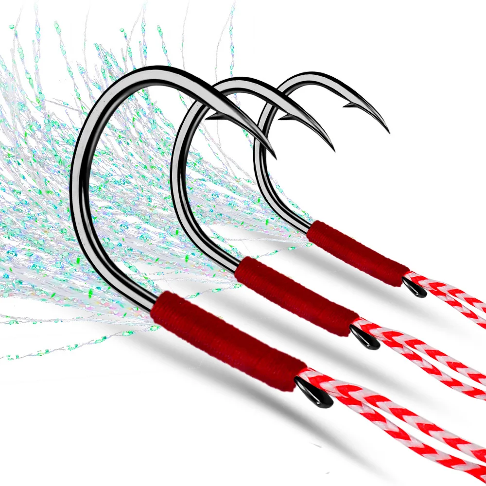 

PROBEROS 10Pcs Jig Head Fishhooks 11-20# Cast Jigging Assist Fishing Hooks with Feather Barbed Sz063bk for Angling