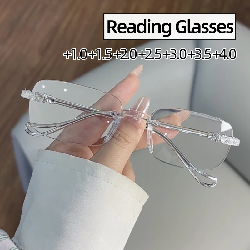 

Luxury Brand Anti-blue Light Rimless Reading Glasses Women Men High Definition Far-sighted Square Eyewear Diopter +1.0 To +4.0