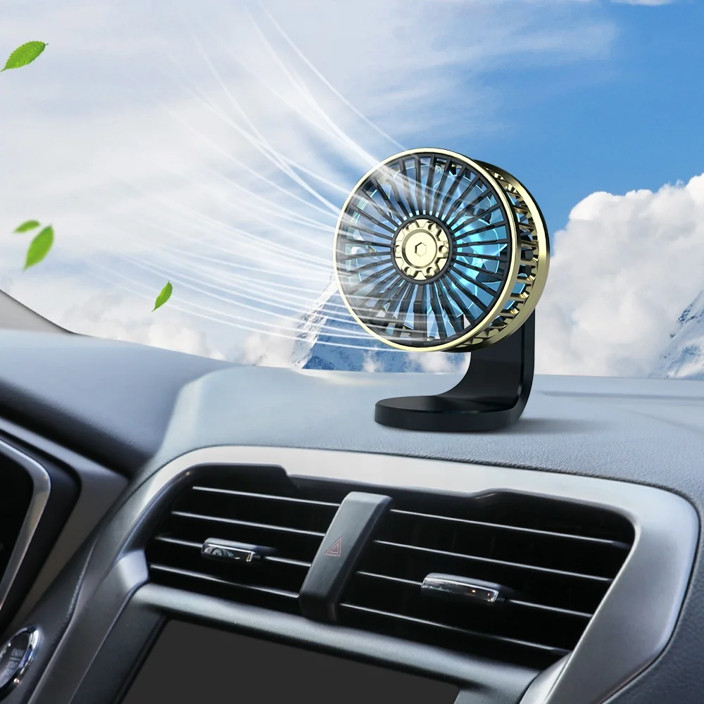 

F210B Аксессуары для электромобилей 2022, мини-вентилятор с двумя двигателями, двойной двигатель со светодиодной подсветкой для настольного компьютера, портативный мини-автомобильный вентилятор CE OEM