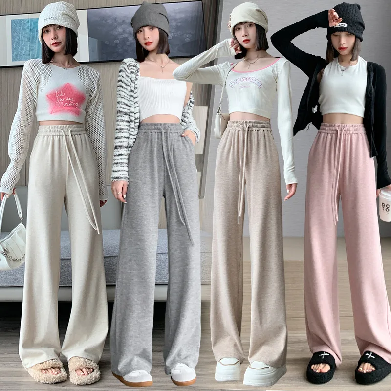 Calças de perna larga cáqui feminino verão modal solto-ajuste faixas cordão leve emendado kawaii flowy babados arejado simples