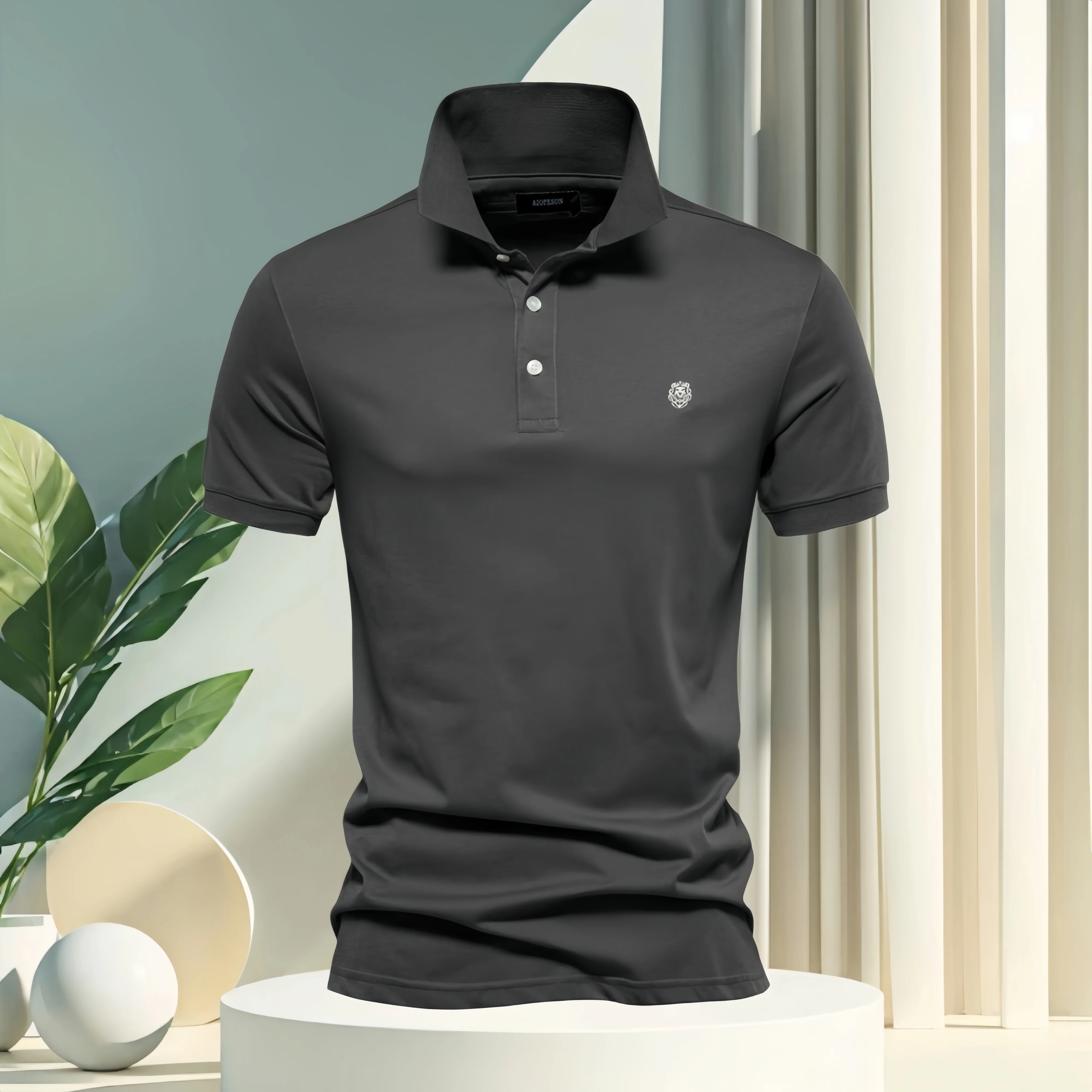 Men's summer solid-color casual fashion polo shirt, featuring a collar with embroidered buttons for a stylish shopping outfit.