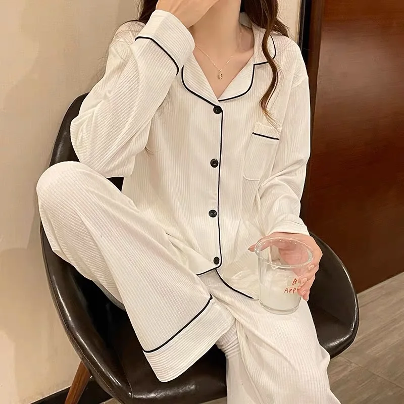 New Women\'s Imitation Cotton Pyjamas Homewear Set Girls Spring and Autumn Pajamas Homewear Ladies Long-Sleeved Cardigan Homewear