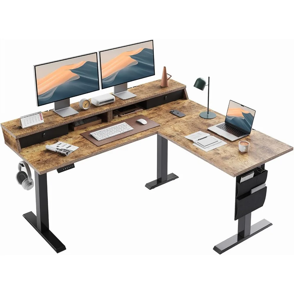 

L Shaped Electric Standing Desk, 63" Ergonomic Corner Height Adjustable Desk with Drawers, Sit Stand Computer Table with Storag
