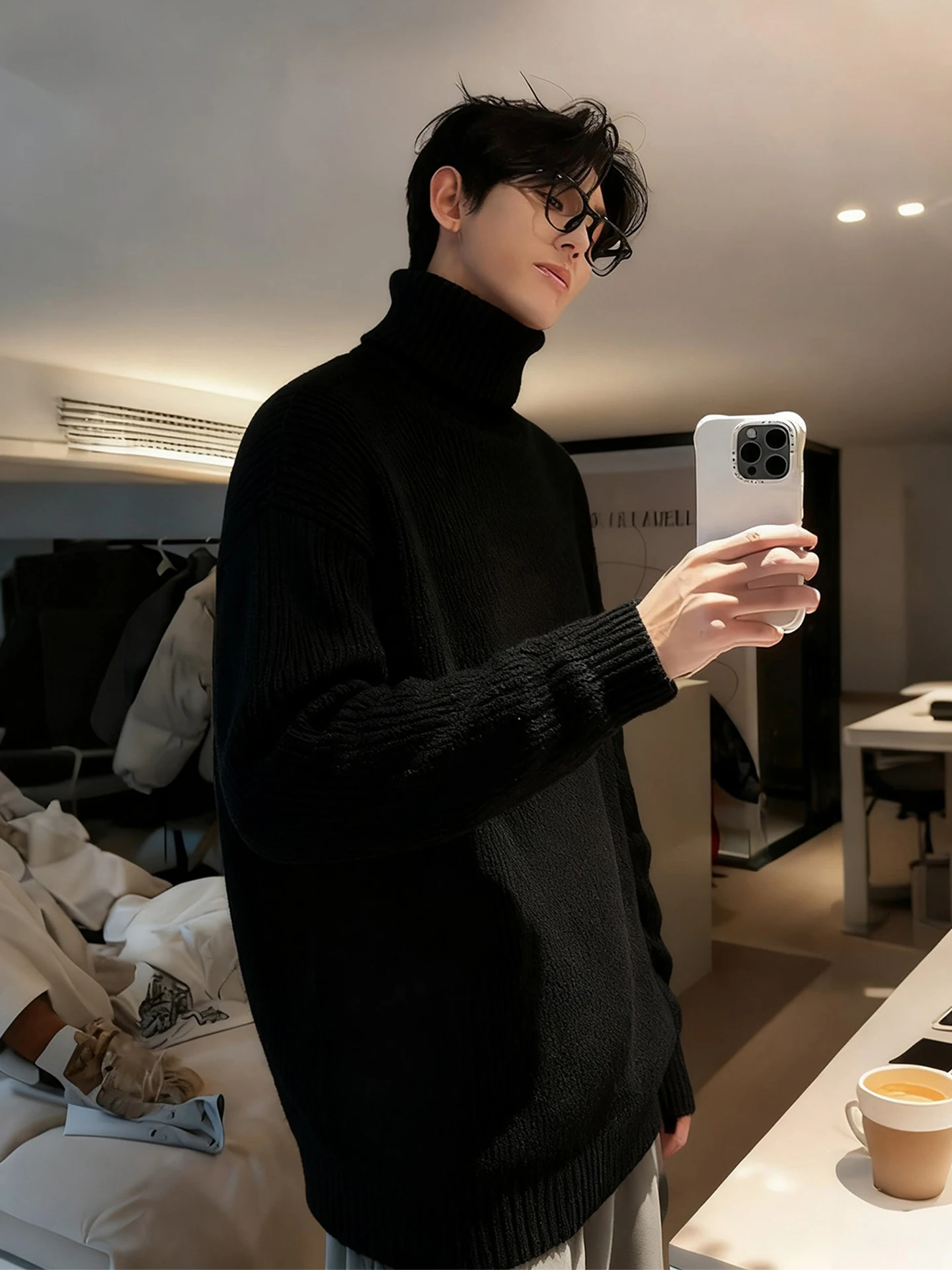 

Мужской трикотажный свитер с высоким воротником на флисовой подкладке, черный, теплый, облегающий, повседневный, зимний, модный, премиум-класса, базовый слой, верхняя одежда