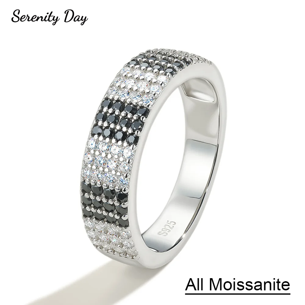 Serenity 1.3mm 4 Row Black White All Moissanite Rings for Women S925 Sterling Silver Jewelry Sparkling Lab Diamond Wedding Rings