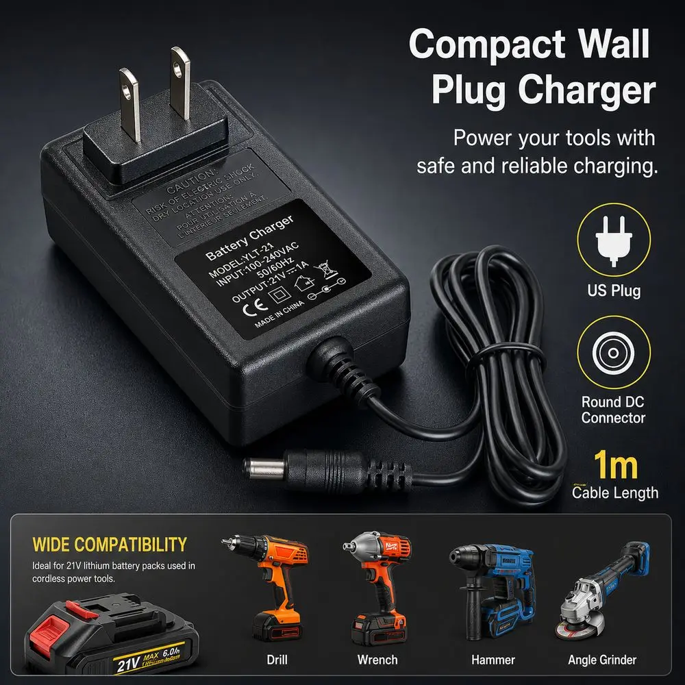 Fast Charging Power Tool Battery Charger US Plug Plastic Housing Lithium Battery Charger Black Round DC Connector