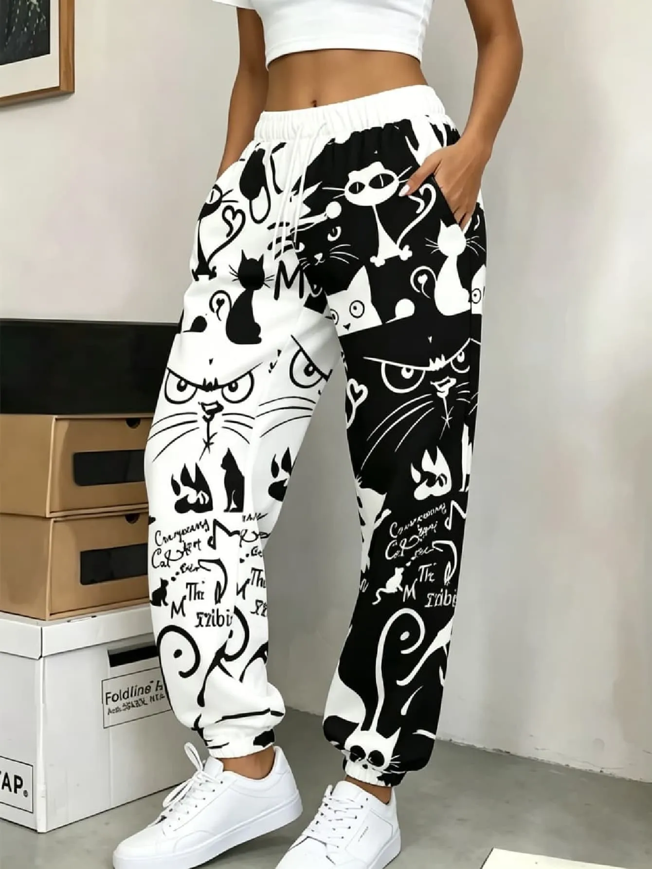 2026 autumn and winter new women's pants street fashion casual comfortable versatile 3D little black cat pattern print