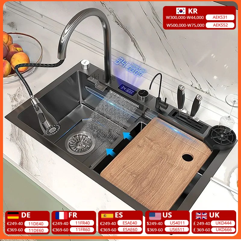 

Кухонная раковина «Водопад» из нержавеющей стали 304 с цифровым дисплеем, большая раковина, раковина для раковины с многофункциональным сенсорным управлением