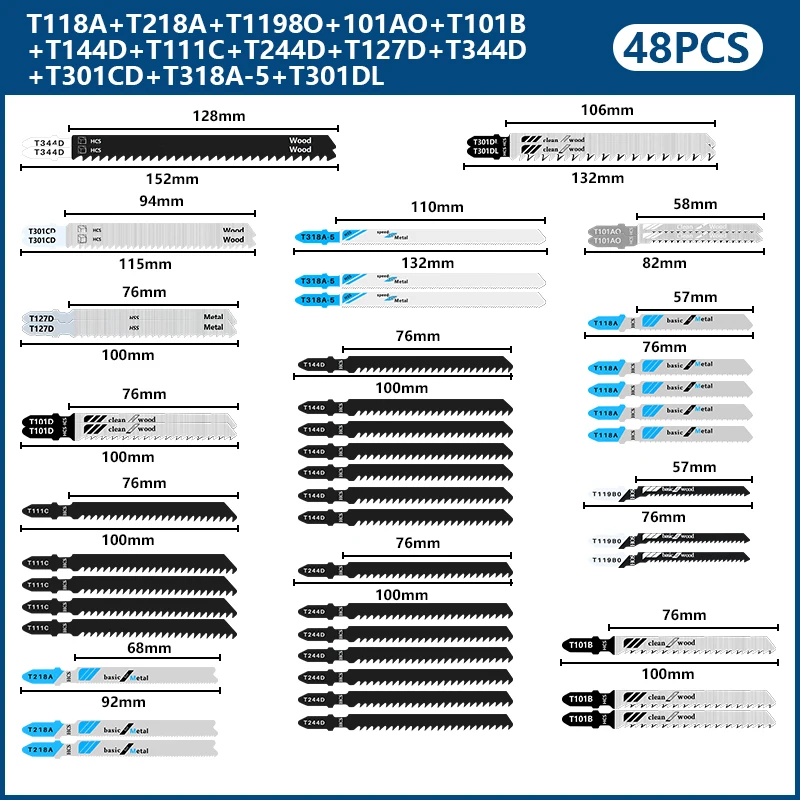 XCAN, 48 шт., набор полотен для лобзика, высокоуглеродистая сталь, Т-образный хвостовик, быстрорежущие полотна для лобзика для резки дерева, пластика и металла
