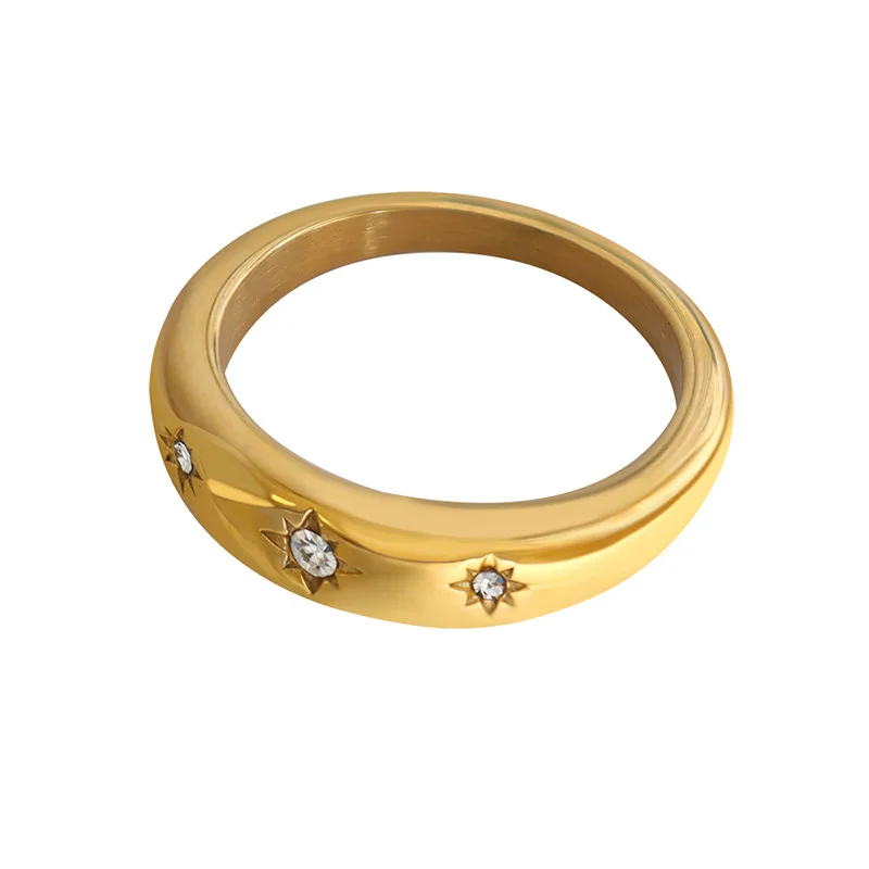 European Eight-Pointed Star Zircon Inlaid Stainless Steel Ring Plated 18K Gold Waterproof Color Retention Jewelry for Women Gift