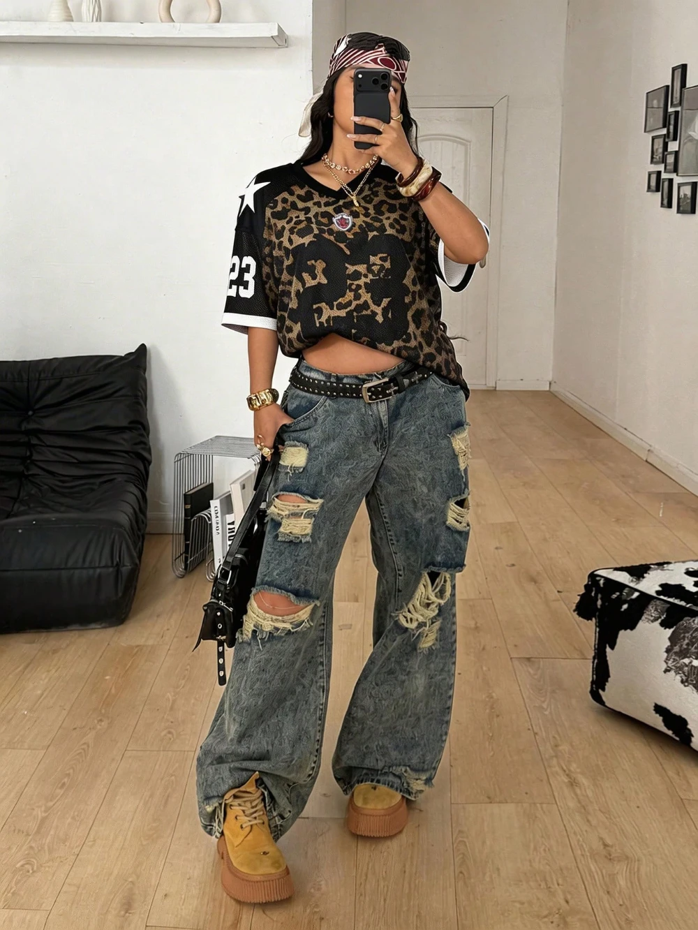 Neues Damen-Oberteil mit No.23-Buchstaben-Print, Y2K-Mode, Sommer, Oversize, Streetwear, atmungsaktives Mesh, Grafik, bequem, Sport, Leopardenmuster ﻿ – Detail 4