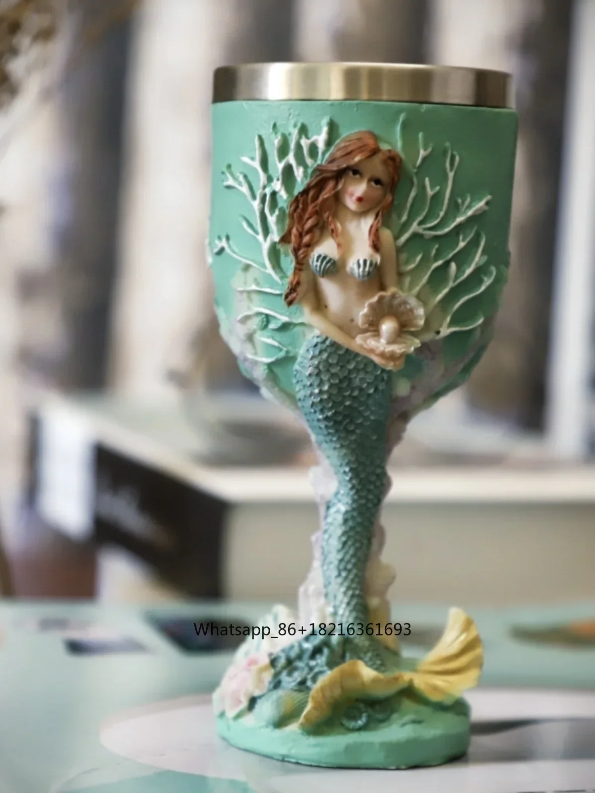 

Three-dimensional engraving mermaid hand-painted craft goblet resin creative stainless steel wine glass foreign trade water cup