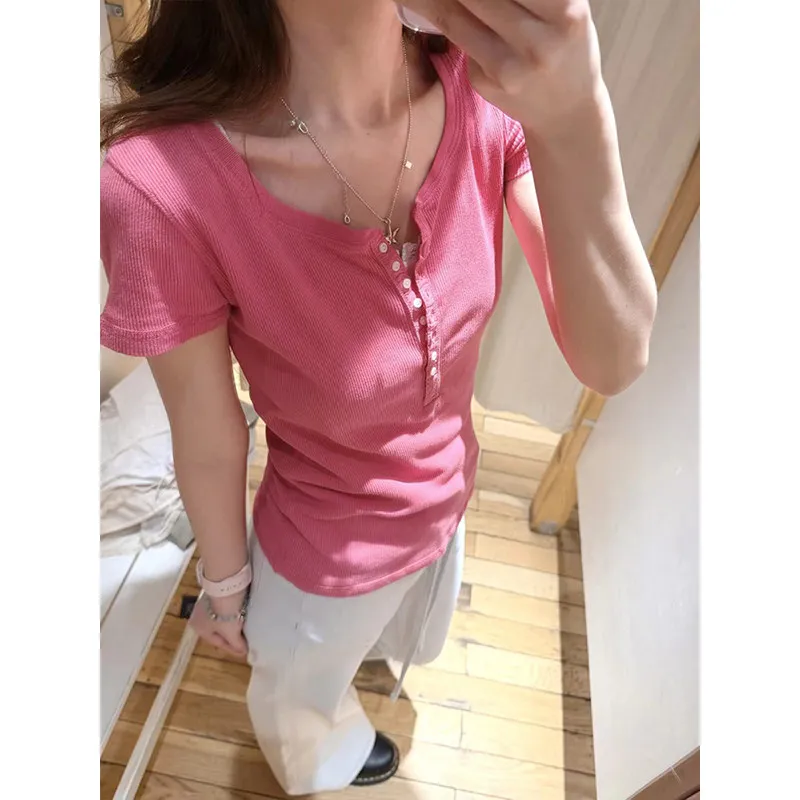 MosesQueen Red Henry Collar Short Sleeve T-Shirt Slim Fit Summer White Enhancing Dopaamine Top Korean Style Cotton Blend
