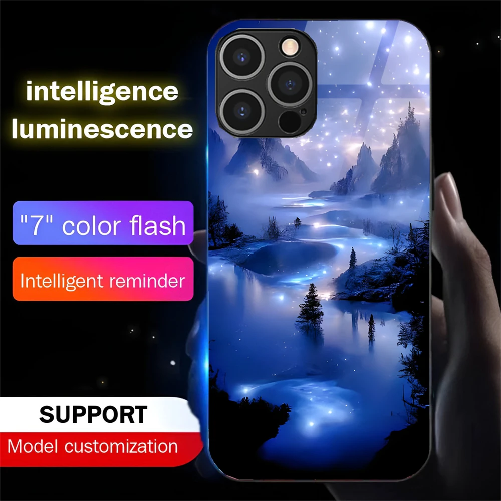 

2025 Pretty Galaxy Beach LED Light Glow Luminous Tempered Glass Back Phone Case For iPhone 16 E 15 14 13 12 11 Pro Max X XR XS