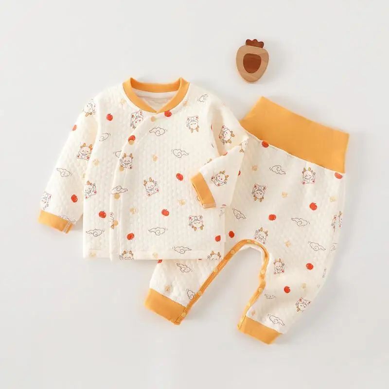 

2025 new boy girl Baby autumn and winter thermal clothing set high waist belly protection pure cotton cute Sweet Style two-piece