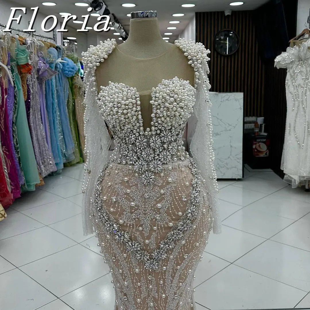 

Luxury Beading Mermaid Evening Dresses With Pearls Tassels Champagne Crystals Long Sleeves Prom Party Gowns Customized