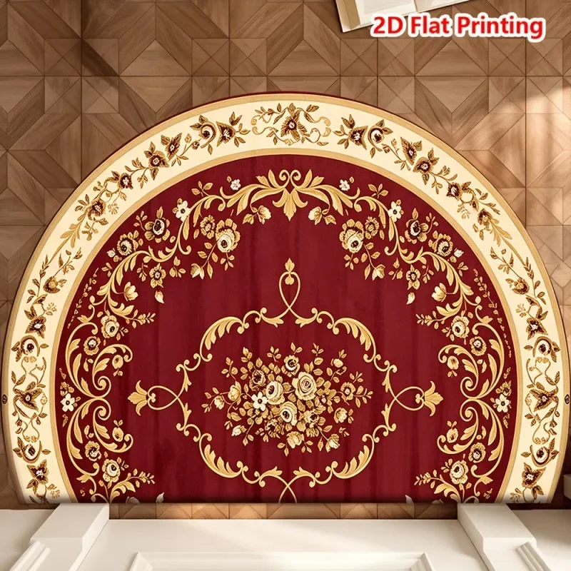 Red Floral Semicircle Doormat Deep Red Background Gold Roses Leaves Non Slip Floor Mat Luxurious Home Decor