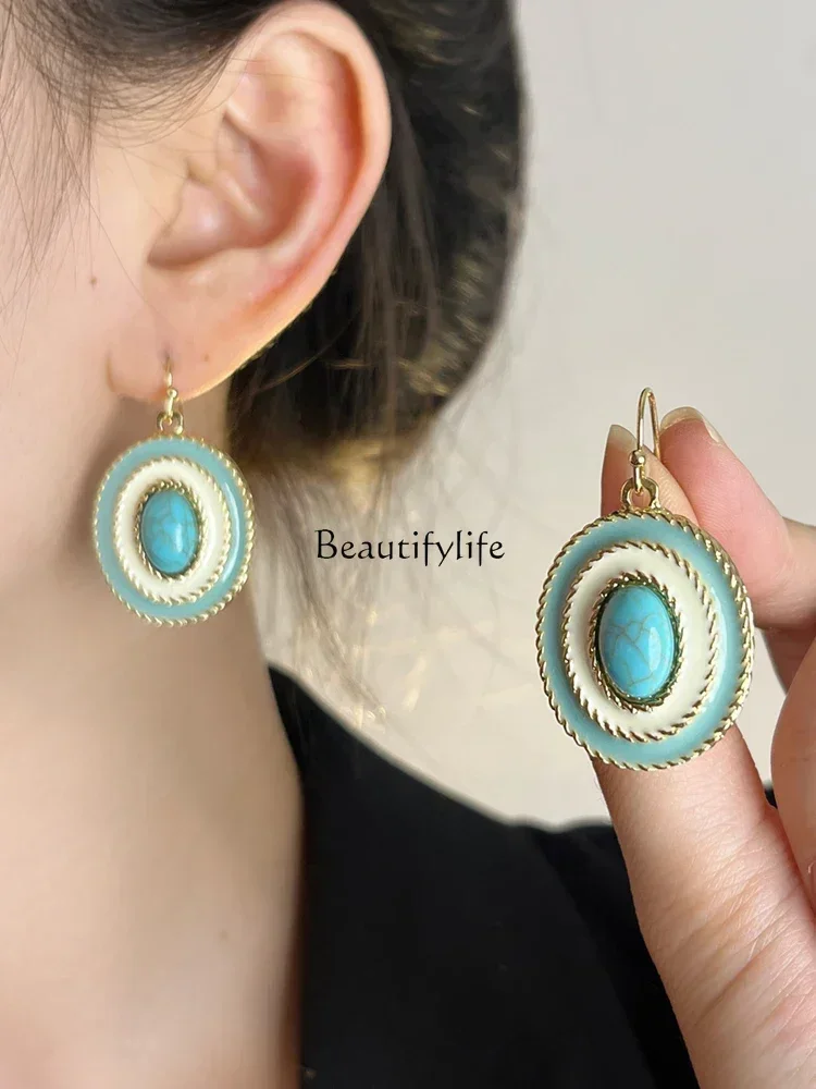 

French retro oval enamel turquoise earrings niche high-end natural stone unique earrings women