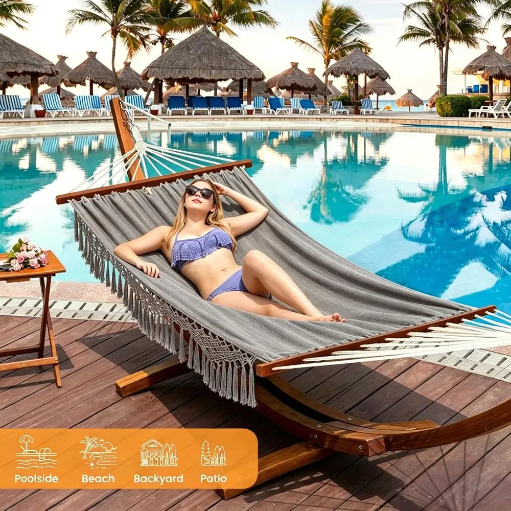 2 Person Cotton Fabric Hammock with Spreader Bars and 10.5 ft Wood Arc Hammock Stand, Double Hammock with Wood Stand, Outdoor, I