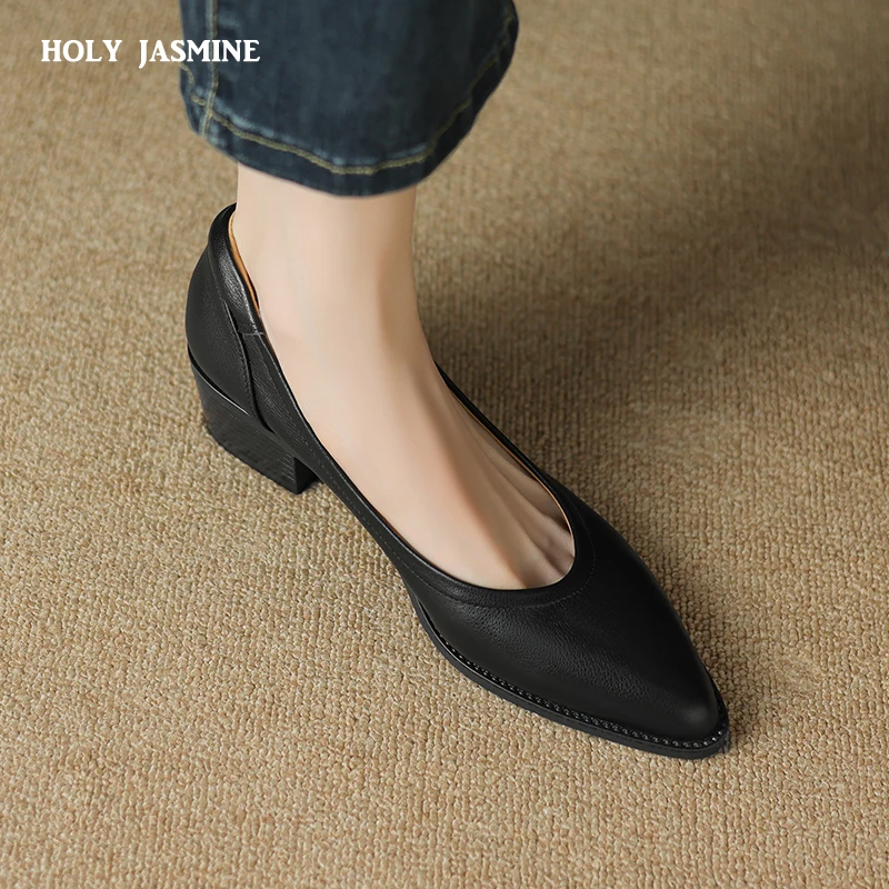 2024 New Spring Women Pumps Shallow Genuine Leather Med Heels Pointed Toe Summer Women Shoes Lady Shoes Leather Shoes