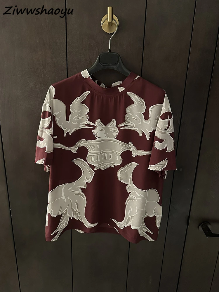 

High Quality Summer Women Fashion Runway Designer Vintage Printed Short Sleeve Loose Pullovers Ladies T-shirts Tees Tops