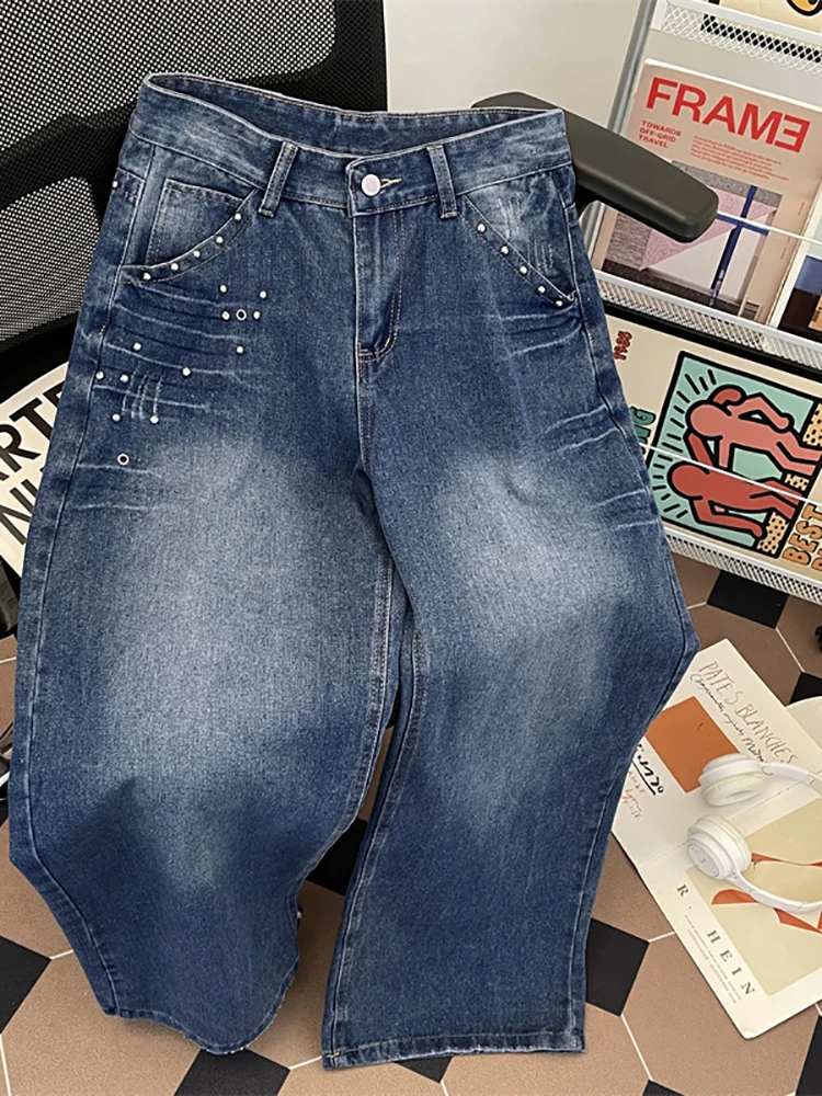 

Autumn Rivet Jeans For Men High Street Washed Loose Straight Trousers American Vintage Low Waist Blue Denim Pants