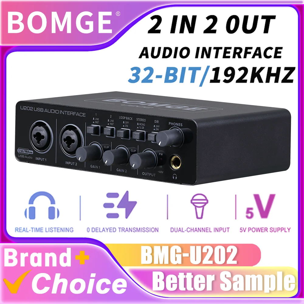 واجهة صوت USB BOMGE U202 مع منافذ Micro Preamplifier XLR/TSR/TS، دقة 48 فولت، 32 بت/192 كيلو هرتز لتسجيل الكمبيوتر والبودكاست