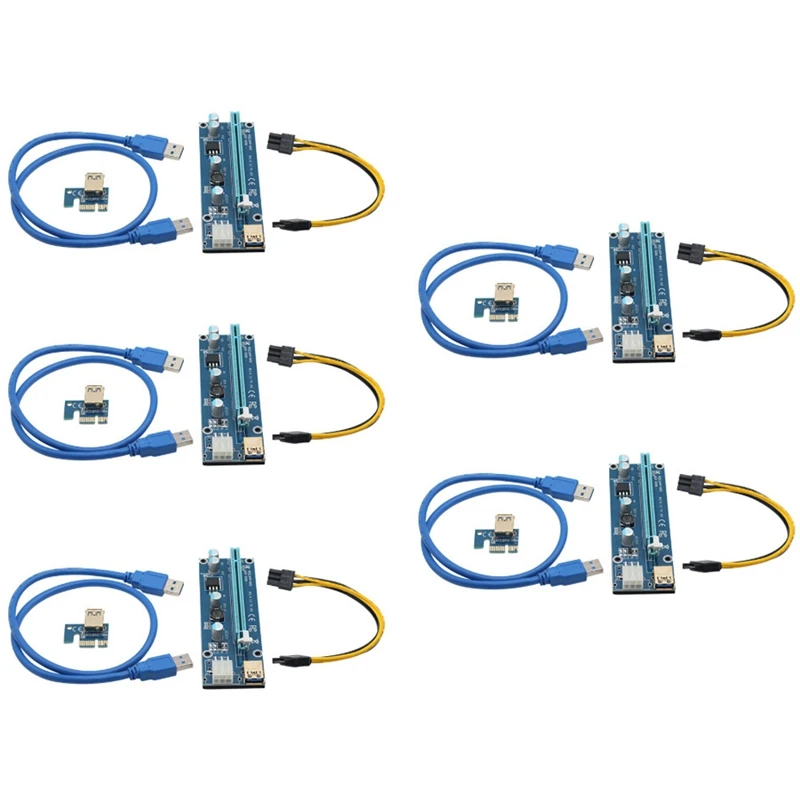 

5 Pcs Ver 006C Pci-E Power Adapter With 1X To 16X Extension Cable Pci-E 6Pin To Sata Extender For Mining