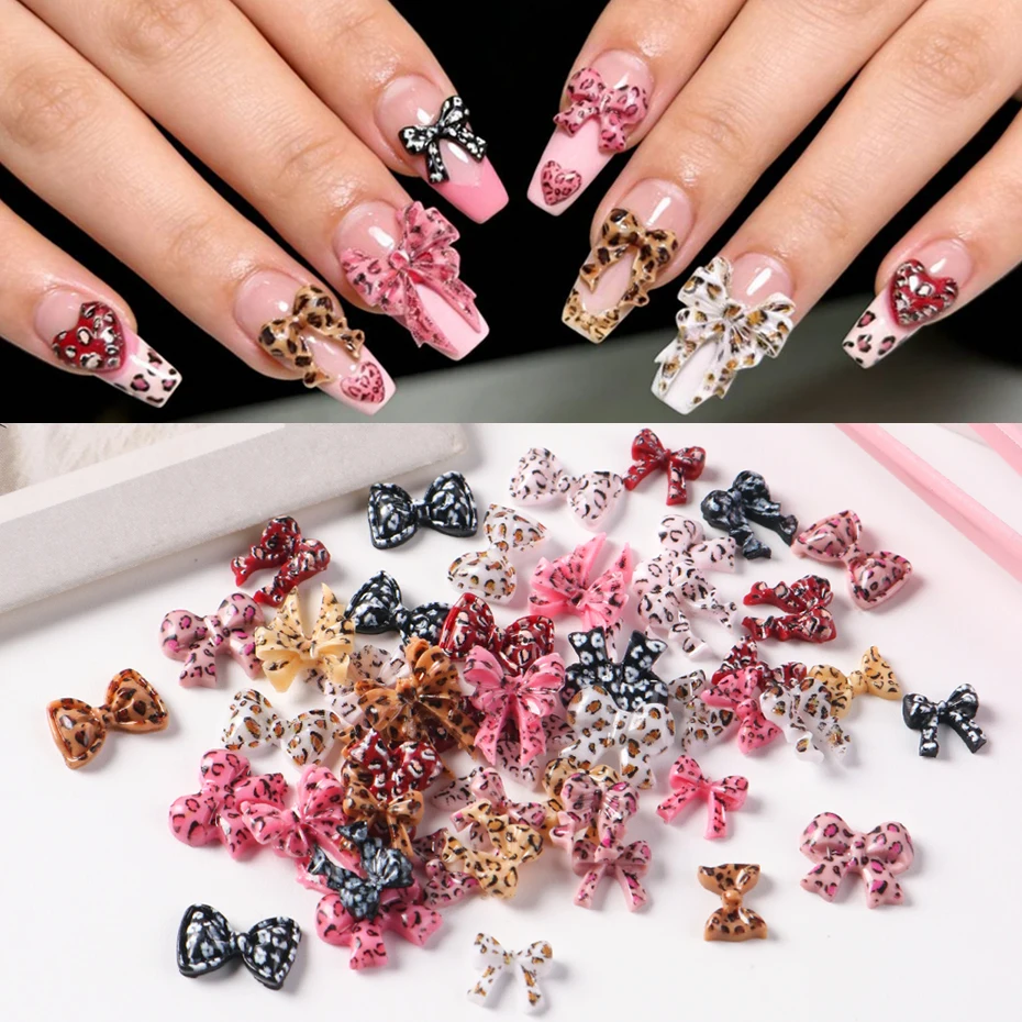 50 Pcs/Bag Leopard Print Bowknot Nail Art Charms Sweet Cute Colorful Bow Resin Wildness Satin Nail Decoration Accessories Crafts