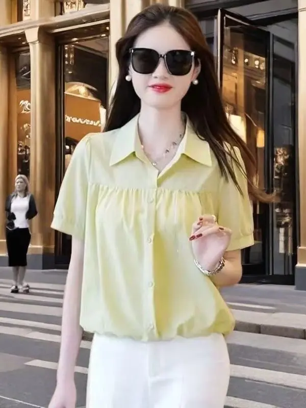 

Loose Women's Summer Shirt New 2026 Sleeveless Necktie Chiffon Top Slimming Short Sleeve Korean Style Casual Collar