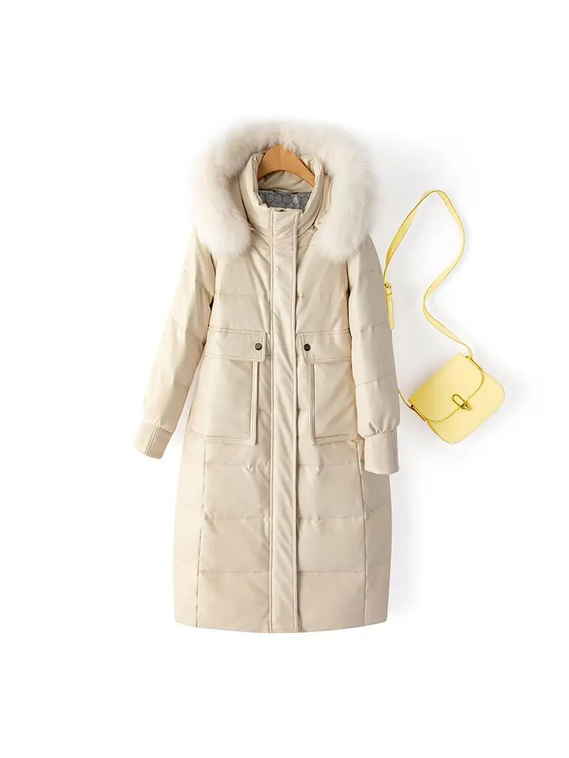 Winter Thiened Genuine Leather down Jaet Women's Medium Length  Fur Collar Removable Hood eepskin Coat Zipper Closure