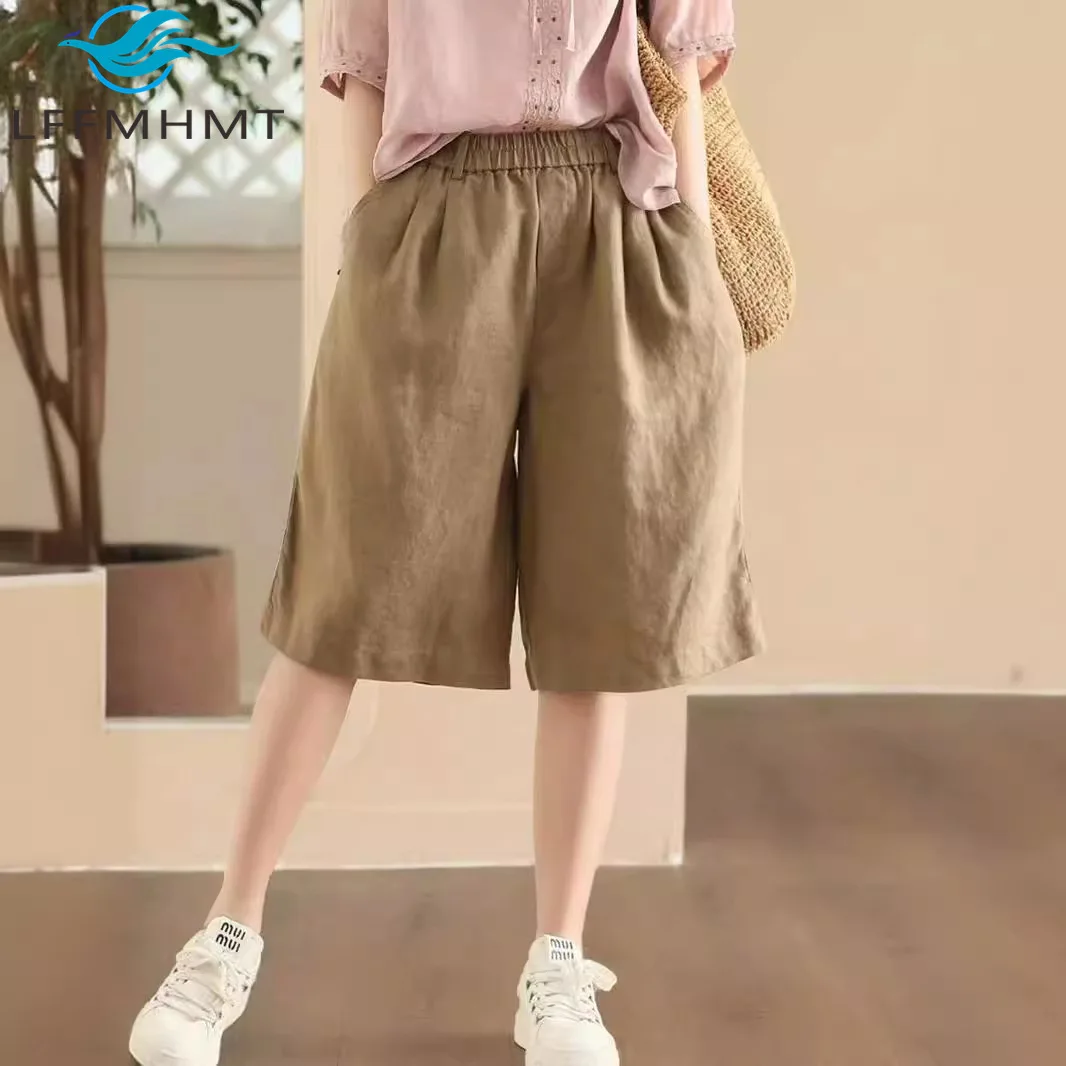Summer Fashion Women's Clothing Solid Color Elastic Waist Linen Shorts Simple Basic Loose Wide Leg Casual Half Length Pants