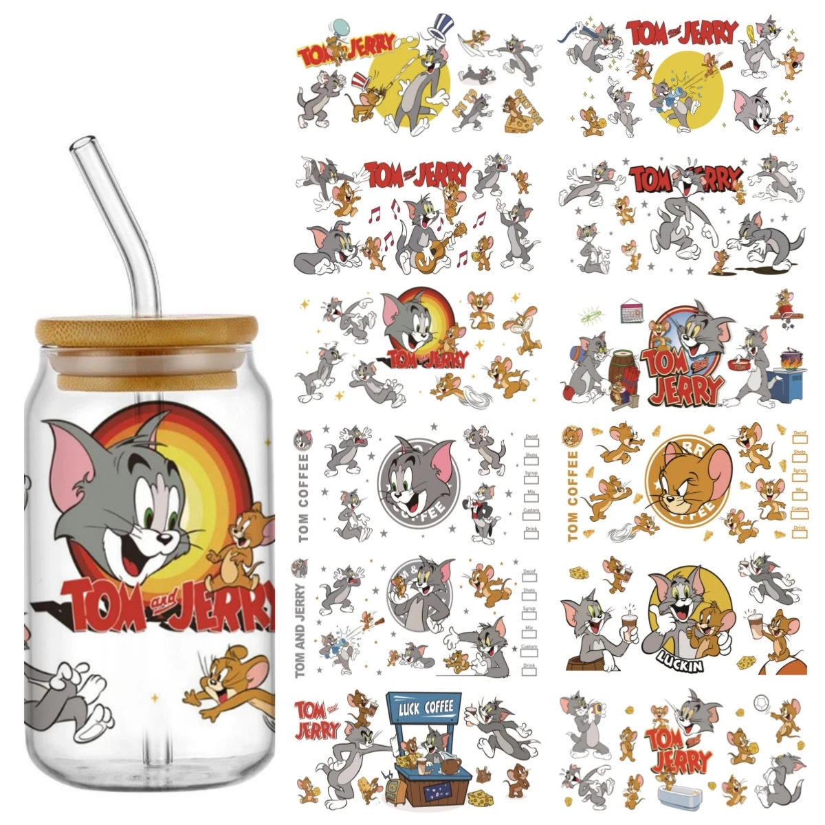 Miniso Tom and Jerry design cat and mouse pattern UV DTF Transfer Sticker Waterproof Transfers Decals For 16oz Glass Cup Wrap